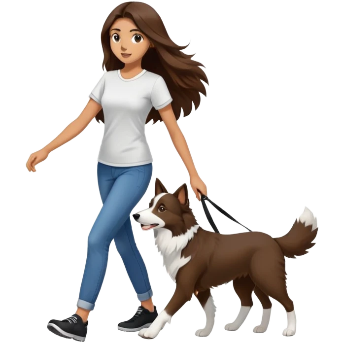 A beautiful girl with long brown hair and wearing a tight short-sleeved shirt is walking a black and white Border Collie emoji