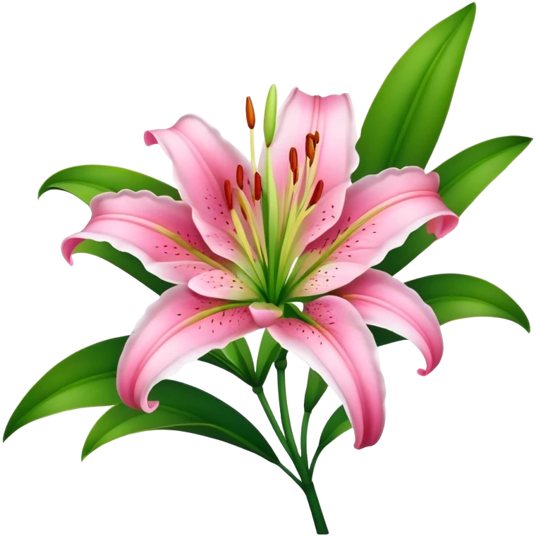 Beautiful pink lily flower with green stem and leaves emoji