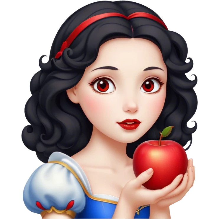 Cinematic Elegant Snow White Portrait Emoji, Delicately holding a red apple, eyes glimmering with mystery, soft curls perfectly placed, her royal presence glowing with a warm, enchanting charm! emoji