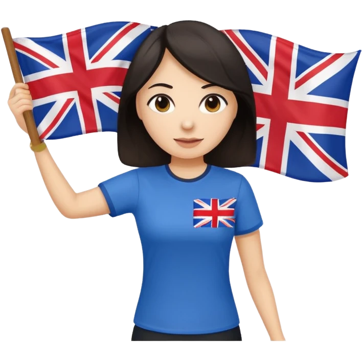Woman teacher with dark hair in T-shirt with the UK flag surfing  emoji
