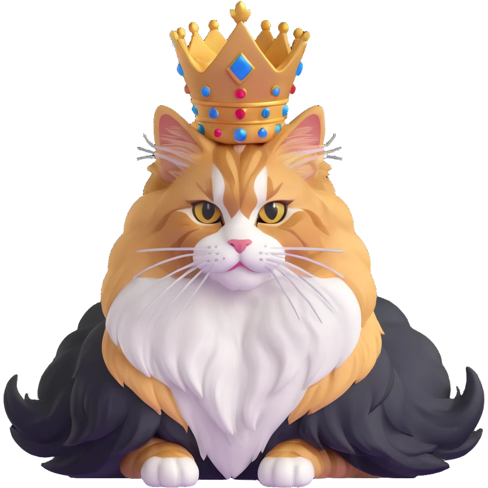 majestic calico maine coon cat with fluffy mane wearing a royal crown emoji