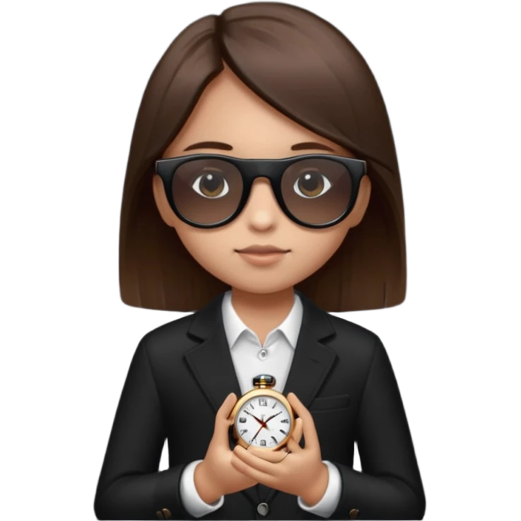 Un niño con pelo lacio color castaño,con lentes de sol negros y un reloj en la mano ,pero que el lente sea más oscuro  emoji