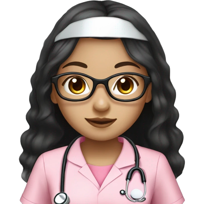 Pretty Aian girl (beige white skin tone and big eyes) with circle silver glasses, long black hair , wearing a pink nurse uniform (scrub) with a stethoscope emoji