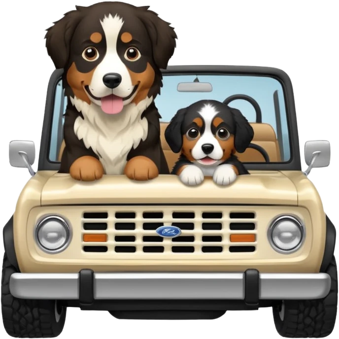 Cream colored ford bronco with no roof and an adult Bernese mountain dog in the seat emoji