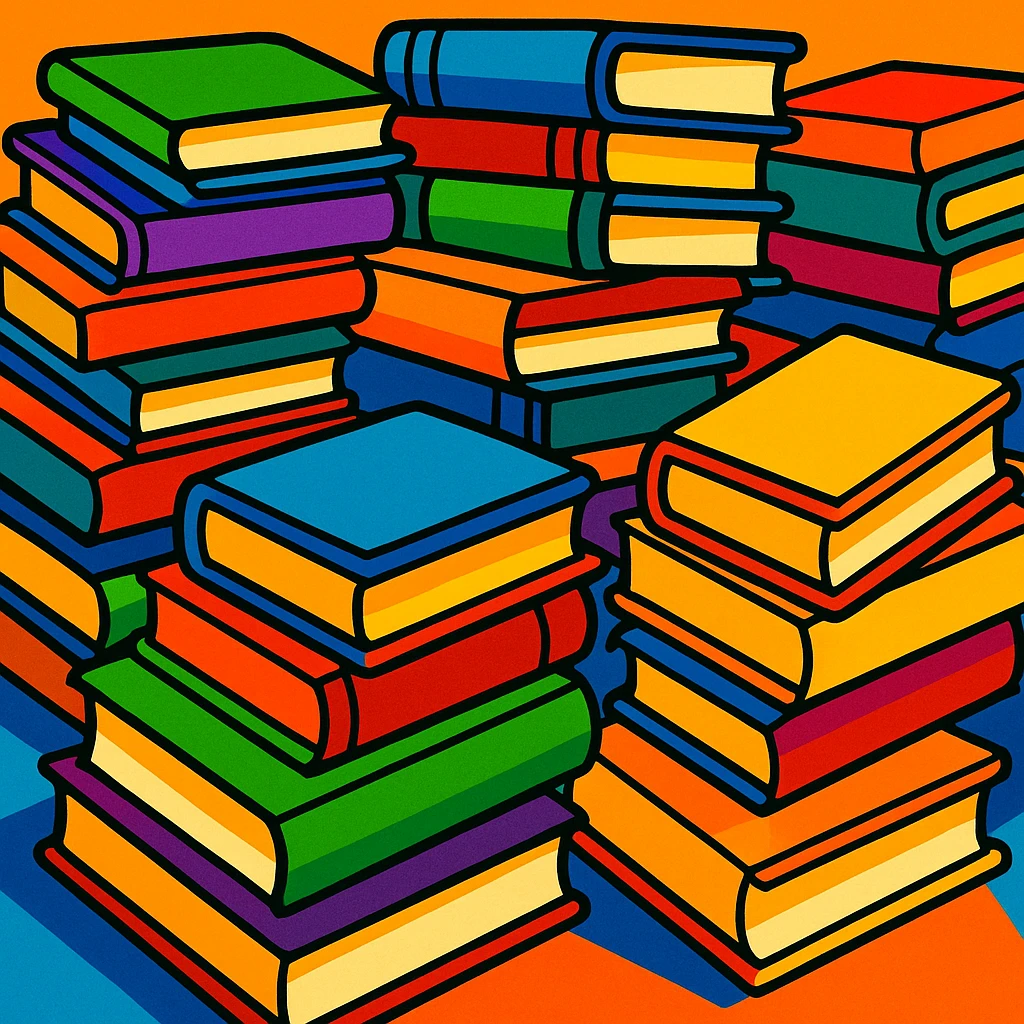 many stacked books, colorful cartoon style, vibrant, playful emoji