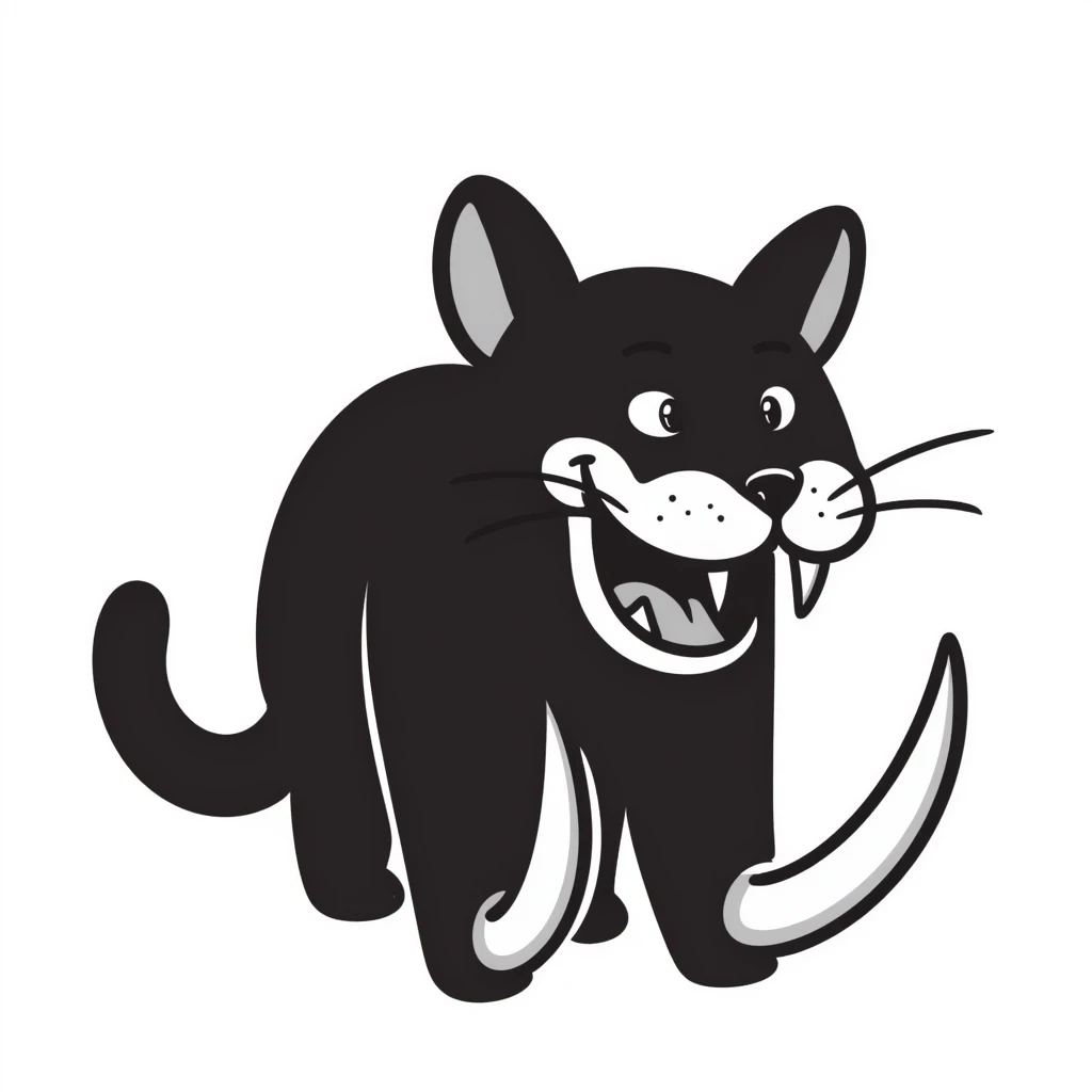 sketch of a saber-toothed cat with gigantic canine teeth four times longer than its entire body, extremely exaggerated tusks emoji
