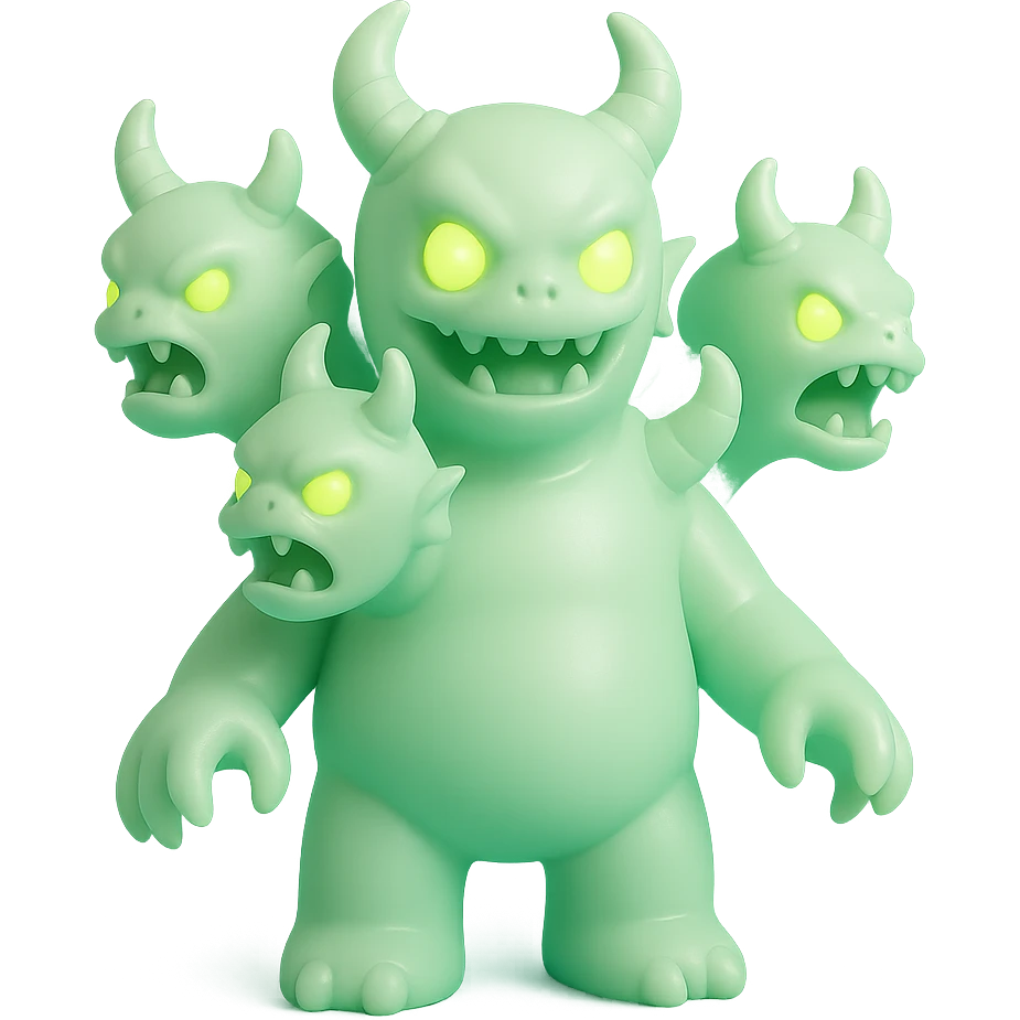 terrifying monster with multiple heads, twisted horns, clawed hands, eerie green glow, vinyl figure style emoji