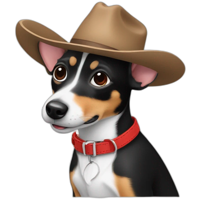 rat terrier wearing a cowboy hat and red collar smiling no brown (black and white) emoji
