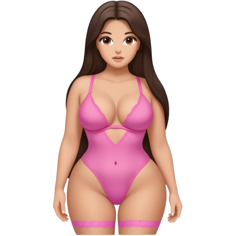Arching her back showing her big butt wearing a pink mini thong Sexy white brunette girl with long hair wearing pink lingerie and has a thick but not fat sexy build with curves make her slightly tanned with a kardashian looking makeup face. Big breasts and big thighs  emoji