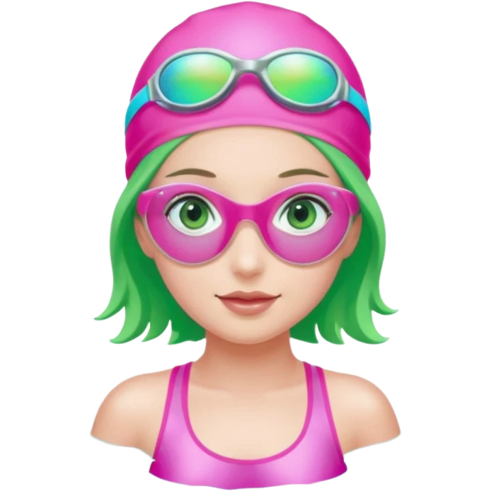 pretty girl with green eyes pink swim cap holographic swimming glasses and cute profesional swimmer pink swimsuit swimming emoji