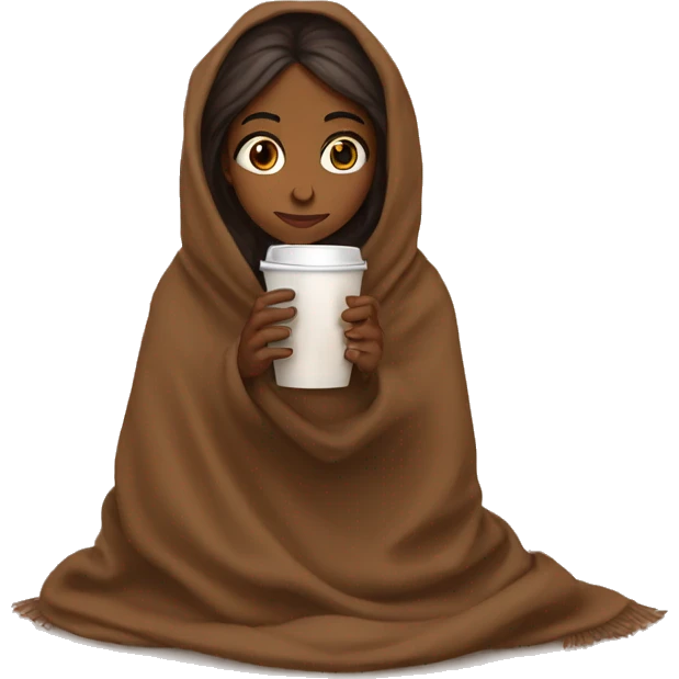 Brown girl wrapped in brown blanket sipping coffee  emoji