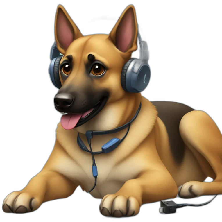 malinois dog with headphone and PlayStation controller emoji
