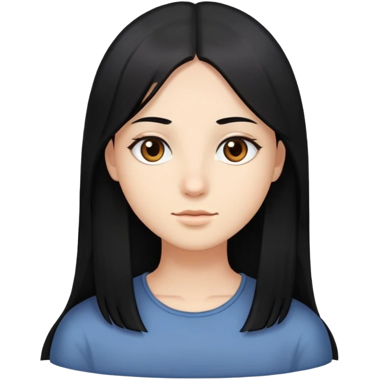 Rosto redondo, cabelos lisos comprido de cor preto, olhos um pouco puxados de cor castanho emoji