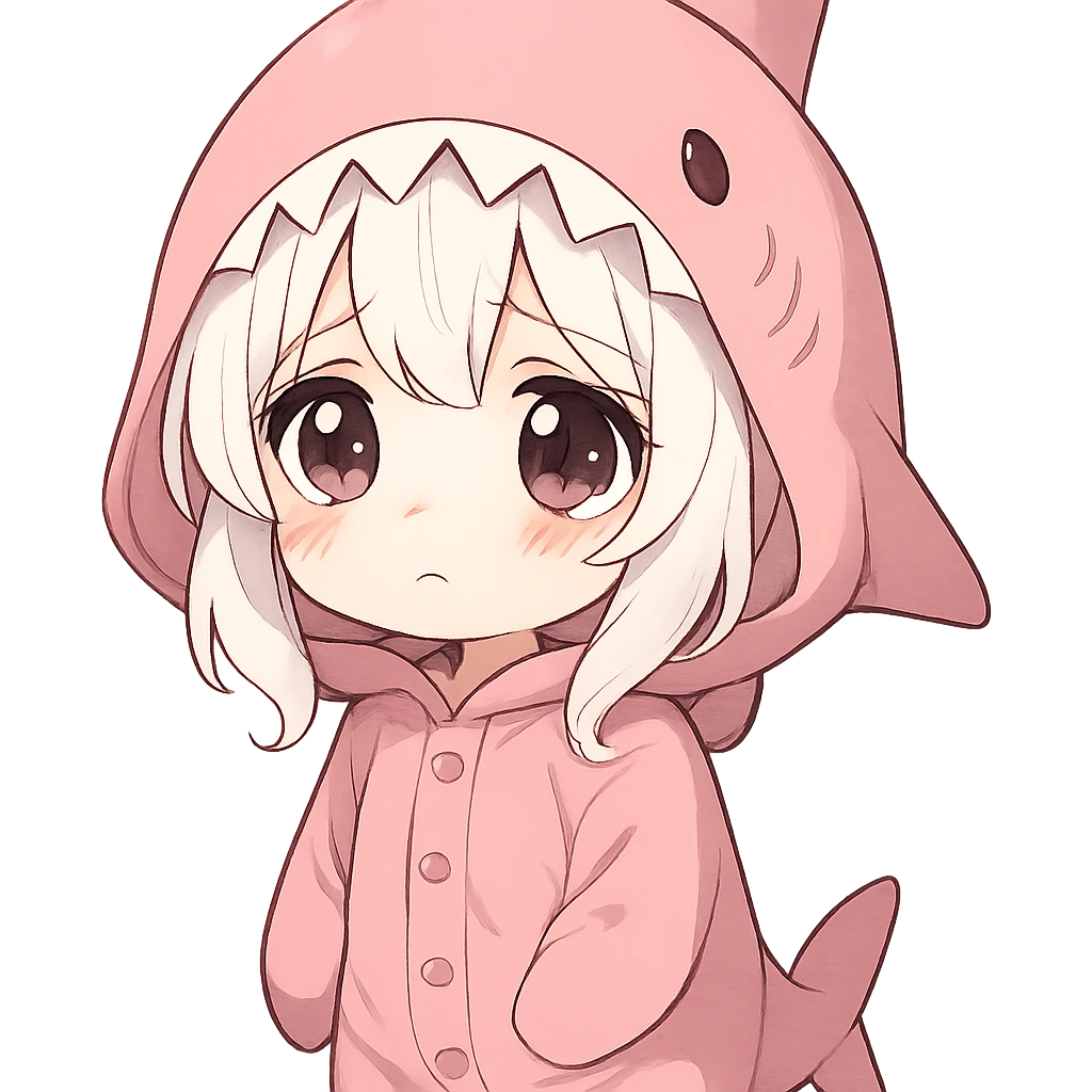 adorable anime girl, white hair, pink shark onesie, big sad eyes emoji