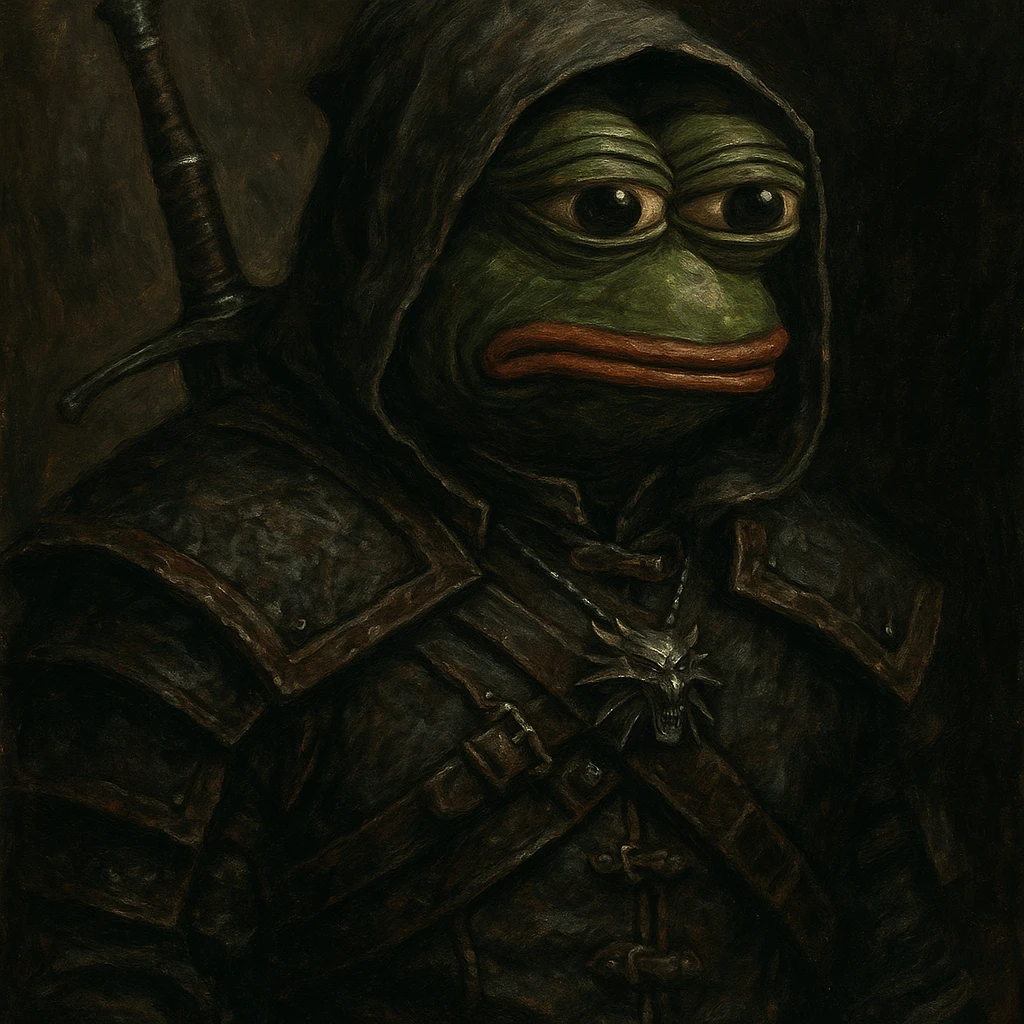 Пэпэ in The Witcher style, with a dark fantasy look and a silver sword emoji