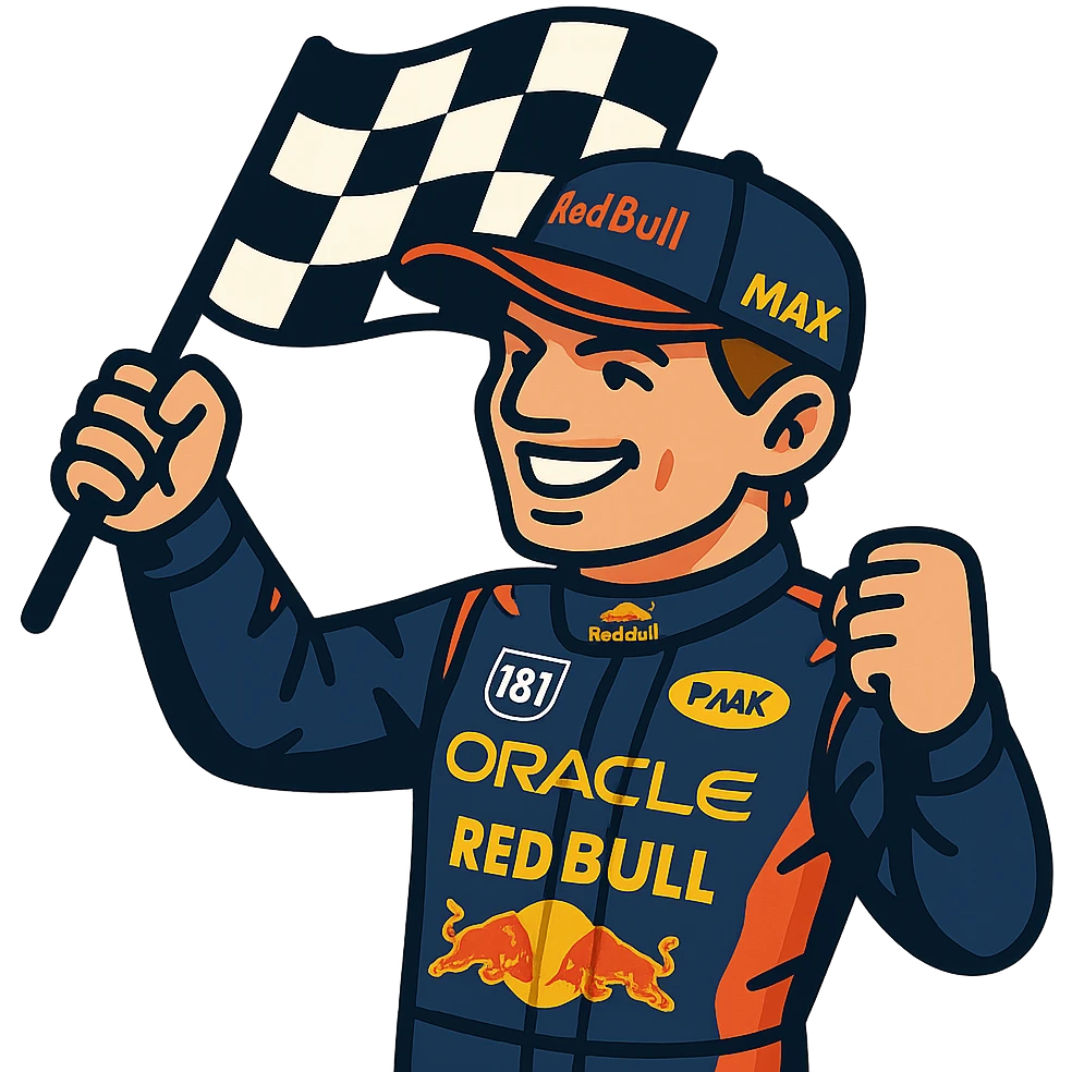 vibrant toon style Max Verstappen with checkered flag emoji