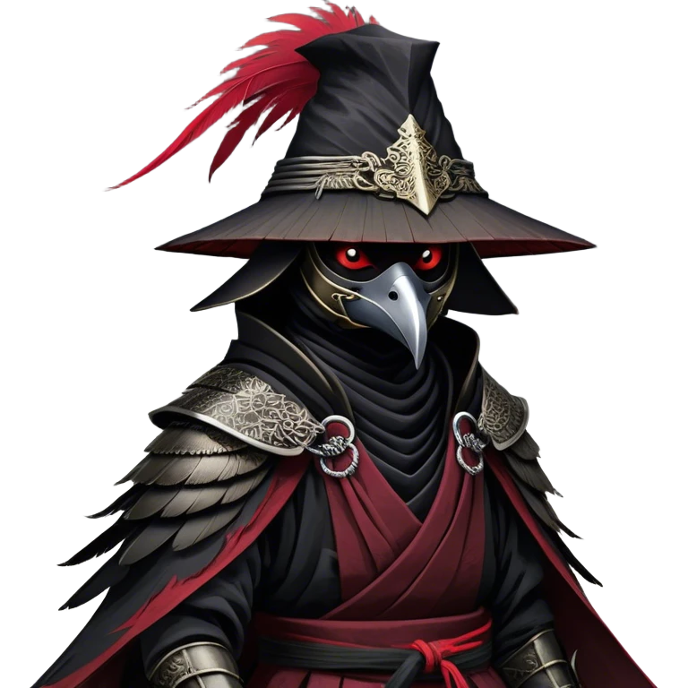 A fierce Kenku samurai with sleek black feathers, piercing crimson eyes glowing under the shadow of his straw hat. His sharp beak is partially covered by a black cloth mask, adding to his air of mystery. He wears layered black and crimson armor, intricate silver engravings etched into the metal plates. A long, tattered cloak billows behind him, worn from countless battles. His clawed hands grip the hilt of a curved katana, its polished blade reflecting the moonlight. Wisps of mist swirl around his taloned feet as he stands motionless emoji