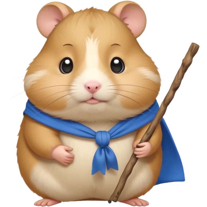 Cute fat cartoon-style hamster carrying a stick with a tied blue cloth bundle (bindle) over its shoulder with a melancholy expression. emoji