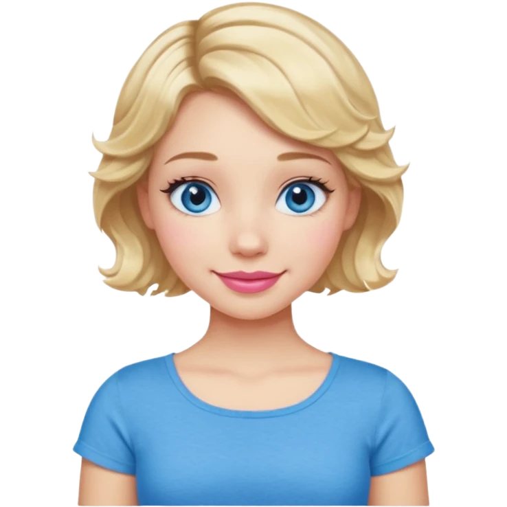 Girl Blonde short wavy hair,  blue eyes, cute blue top, long lashes, pink lips, smiling, cross arms  emoji
