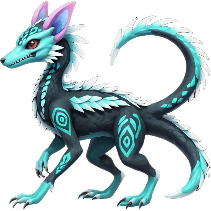 Rare glowing neon realistic tribal patterned whitish pastel colorful iridescent shiny glossy feathery epic handsome gorgeous aesthetic black-skulled Vernid-Trico-Sergal-Salandit-Nargacuga-species-Fakemon-creature by LiLaiRa, 4 legs, 1 tail, random markings, (full body) long ears emoji