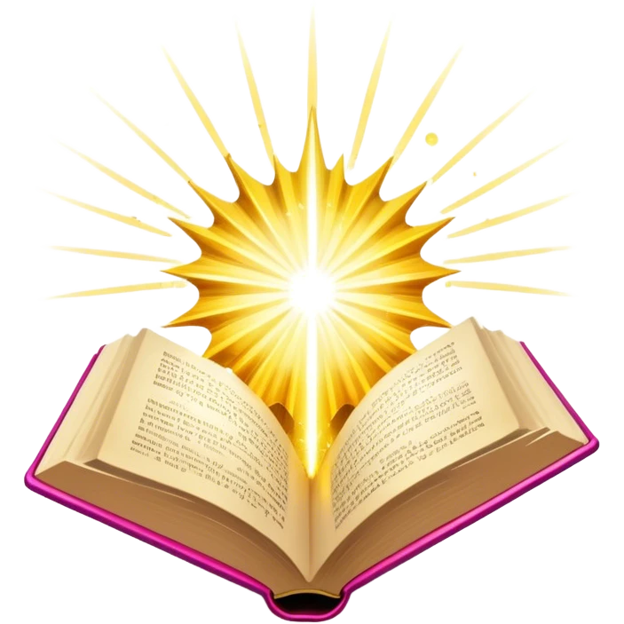 Un libro con un aura de colores vibrantes, con destellos dorados flotando a su alrededor,  un rayo de luz atravesándolo, simbolizando la explosión de creatividad sin miedo. book of creative power  emoji