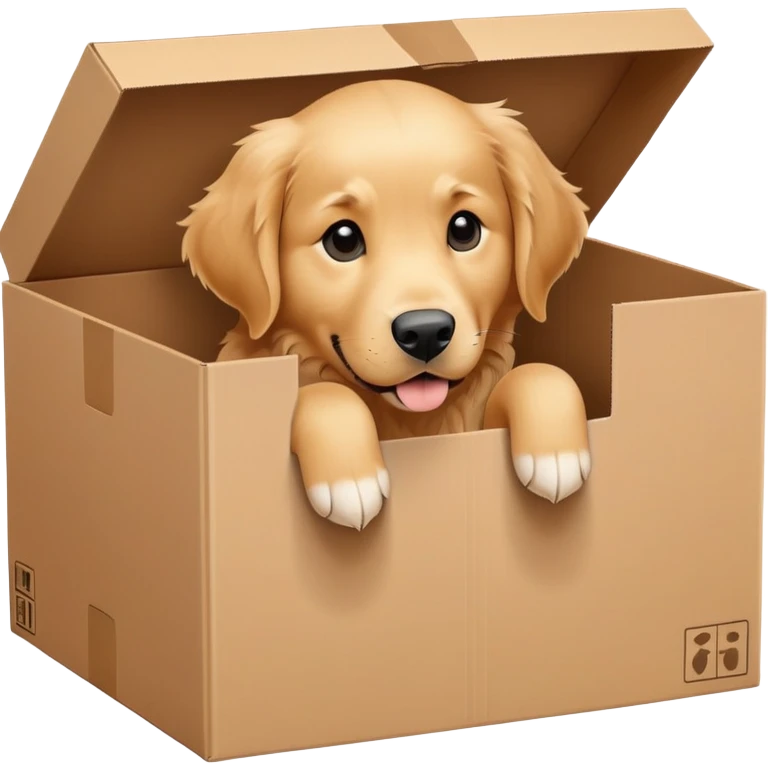  A very cute young Golden Retriever  with one's head tilted to one side poked its paws out of the cardboard big box and placed them on top of it emoji