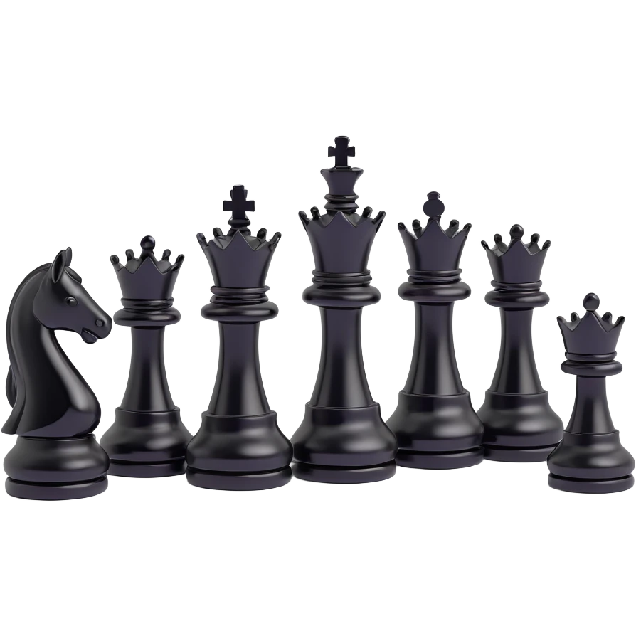 full chess set, all pieces are black queens, shiny, modern look, 3D emoji style, no text emoji