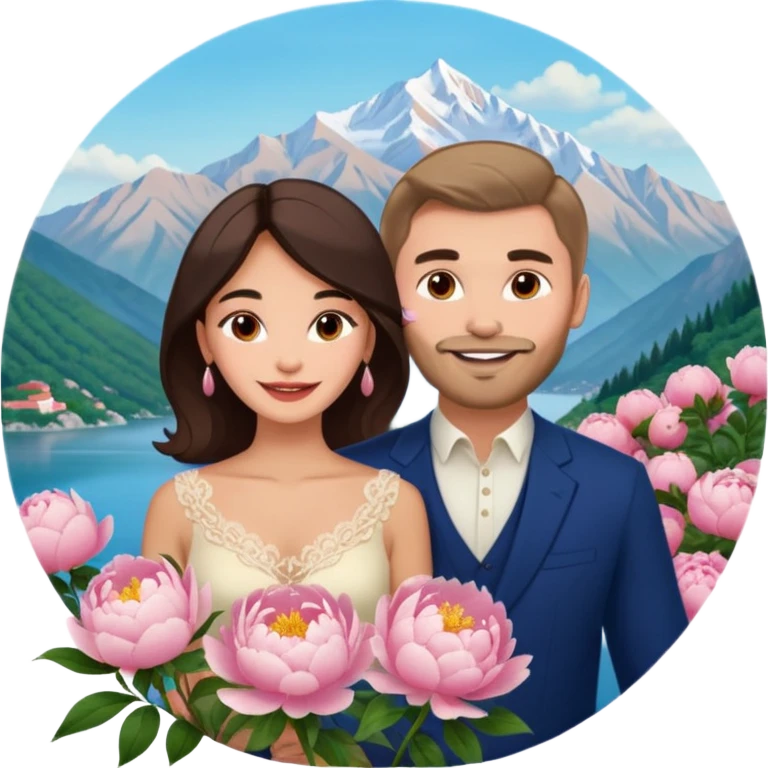 Couple traveling in Montenegro russian man and elegant  Latina girl delicate peonies and mountains in the background  emoji