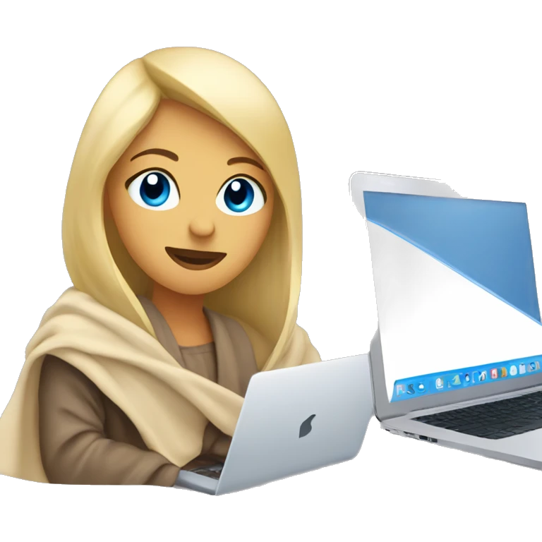 Blonde girl with blue eyes wrapped in blanket on laptop  emoji