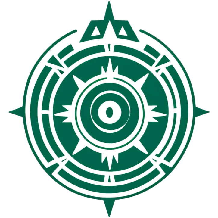 Maya sun symbol hieroglyph with precise geometric shapes, flat design, strictly white and deep green only, sharp angular lines, no curves emoji