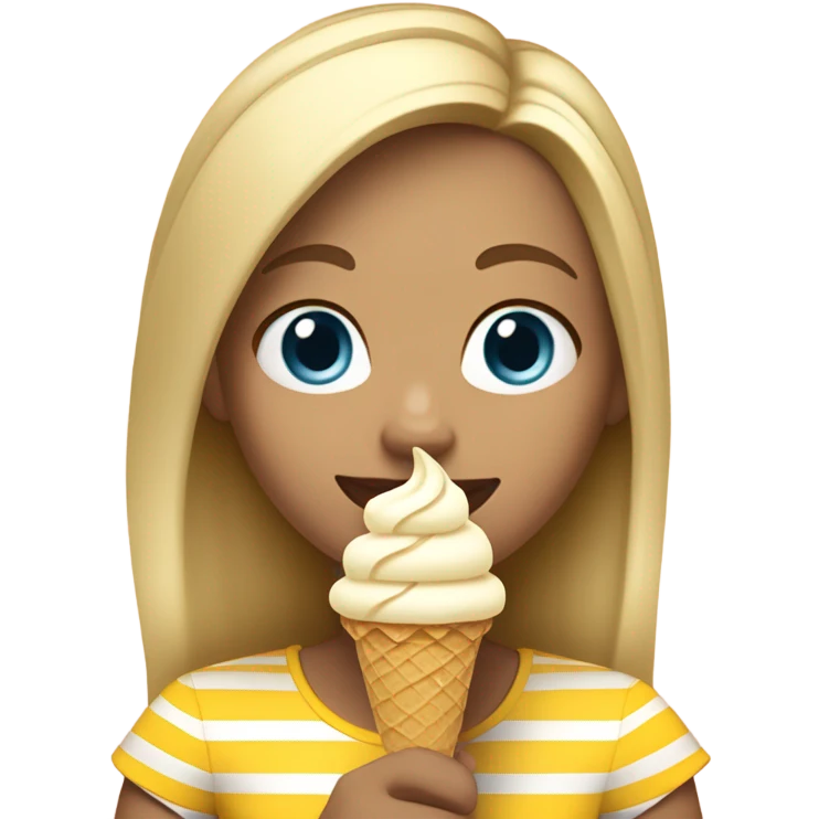 Girl with blonde hair, blue eyes, yellow striped shirt, holding vanilla ice cream cone emoji