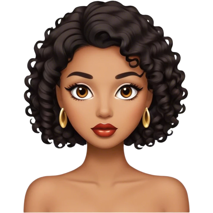 Glamourous, brown skin tone, very beautiful woman, with big plump lips, long long lashes, black curly smooth short hair, brown eyes emoji