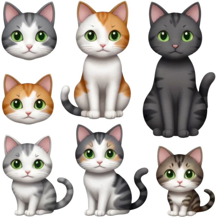 6 different coloured small cats including a dark grey and white, and a patchy calico, and a brown tabby and white,  and a completely solid dark grey with green eyes and only white paws emoji