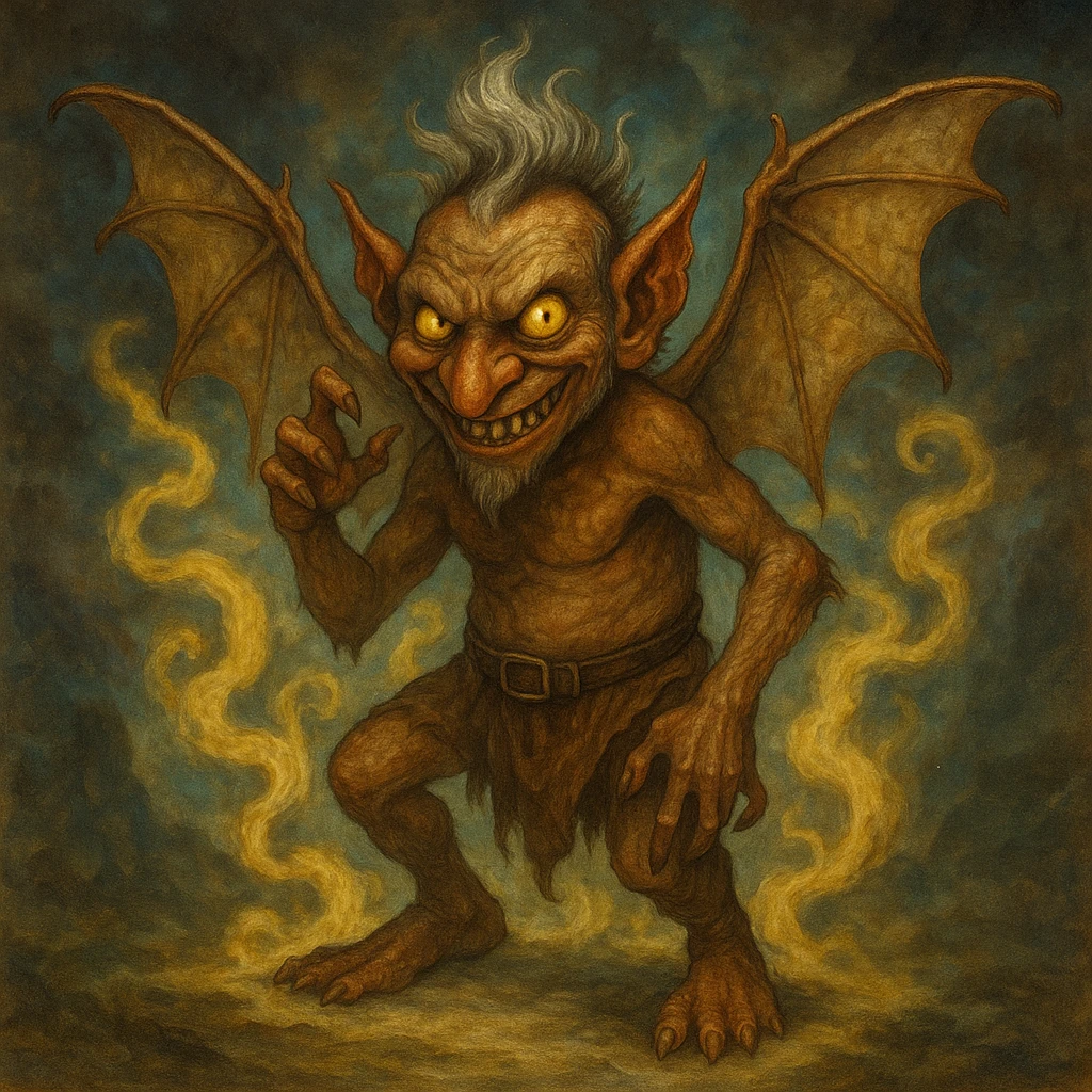 Add a smoky, magical background behind Igor the mephit, keeping the fantasy vibe. Maintain the fantasy style and atmosphere in the background to complement the character. emoji