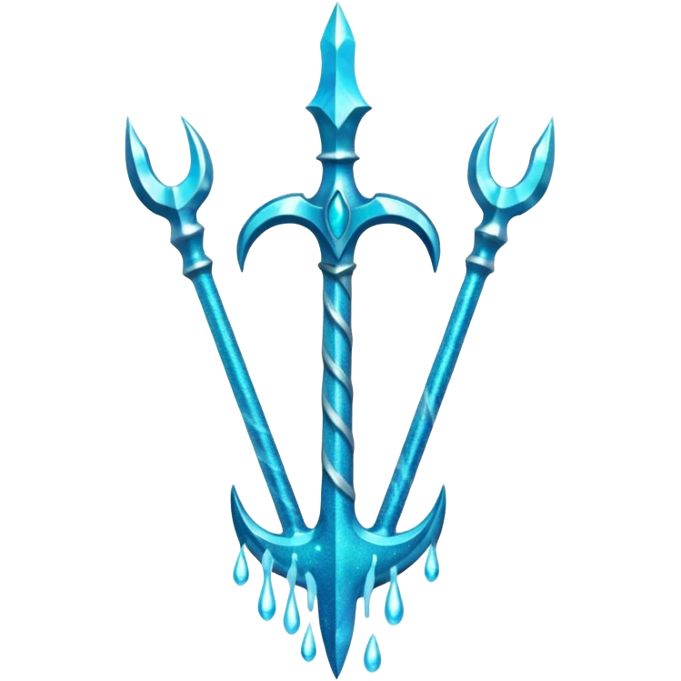 Cyan Poseidon's trident with glitter and water effects around it. emoji