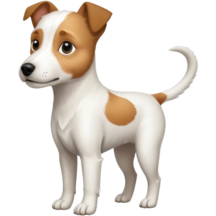 a full body slightly chubby white parson russell terrier looking dog the size of a kelpie with light brown long ears and a light brown patch on one eye and a large snout. the rest of the dog is completely white emoji