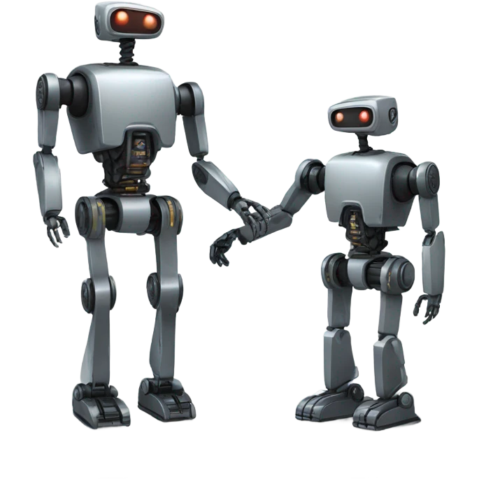 A pair of robots looming over a human figure, conveying a sense of technological dominance. emoji