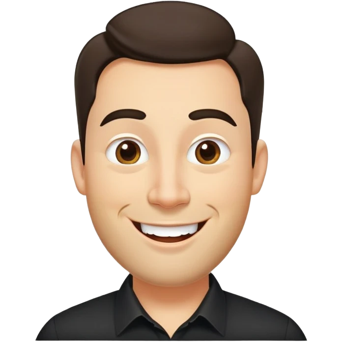 Fuller-figured businessman with light brown complexion, pear-shaped face with wider jawline, very friendly open expression, laughing smile, kind approachable eyes, thick eyebrows, wide nose, short neat beard, short dark hair, wearing a black shirt emoji