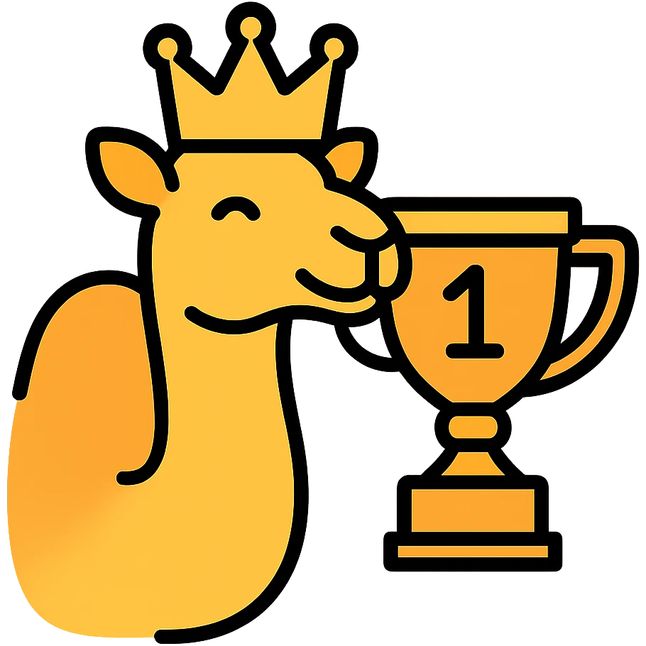 dromedary with a crown on its head and a trophy with #1 on it emoji