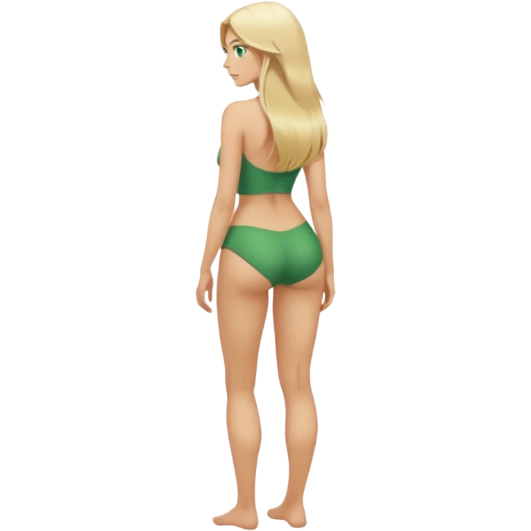 Naked woman tits out long blonde hair green eyes full body looking back big butt no clothes skinny legs emoji