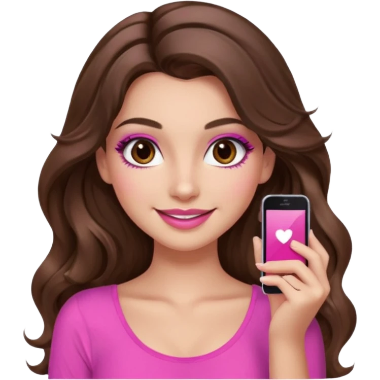 girl with long wavy brown hair, brown eyes, long lashes makeup, sexy pink lips, light to medium complexion, pink sexy top, smiling, hand by the cheek emoji