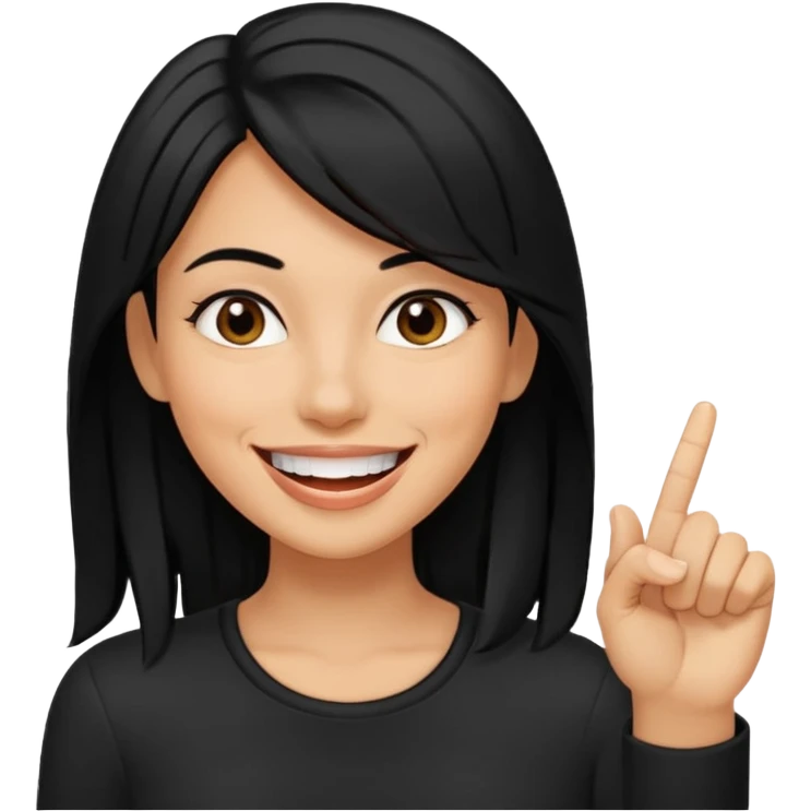 Haz una imagen de una mujer con cabello negro con cabello en capas , con una sonrisa en su cara y la punta de su dedo indice entre sus dientes emoji