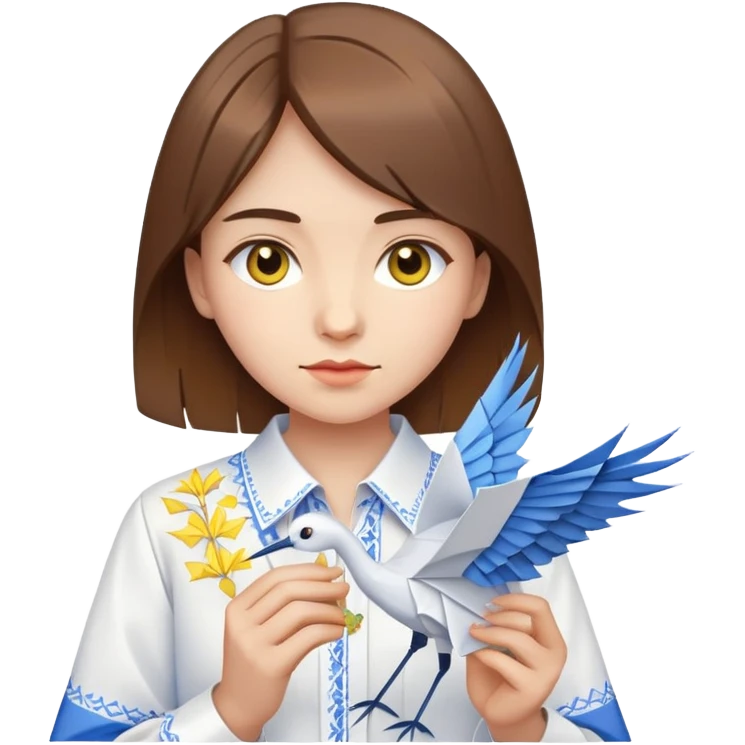 Ukrainian young girl with brown hair wearing a white embroidered shirt holds an origami yellow-blue crane emoji