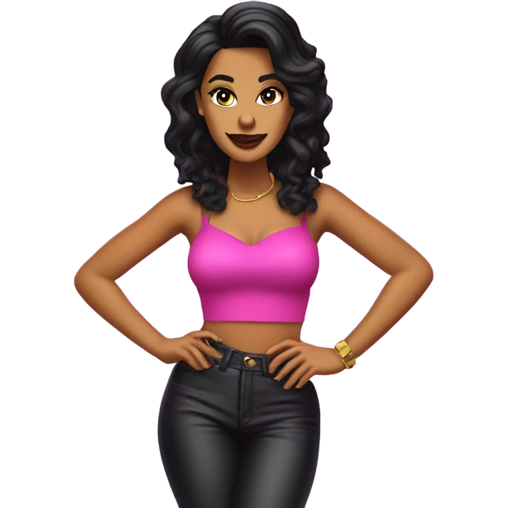 Tanned woman with black hair dressed in 1990s r&b hair, makeup, and neon attire  emoji