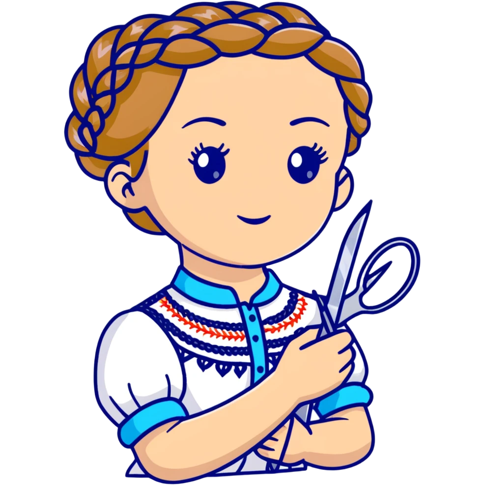 Ukrainian young girl with braided hair wearing a white embroidered traditional shirt (vyshyvanka) holding scissors and colorful craft paper emoji