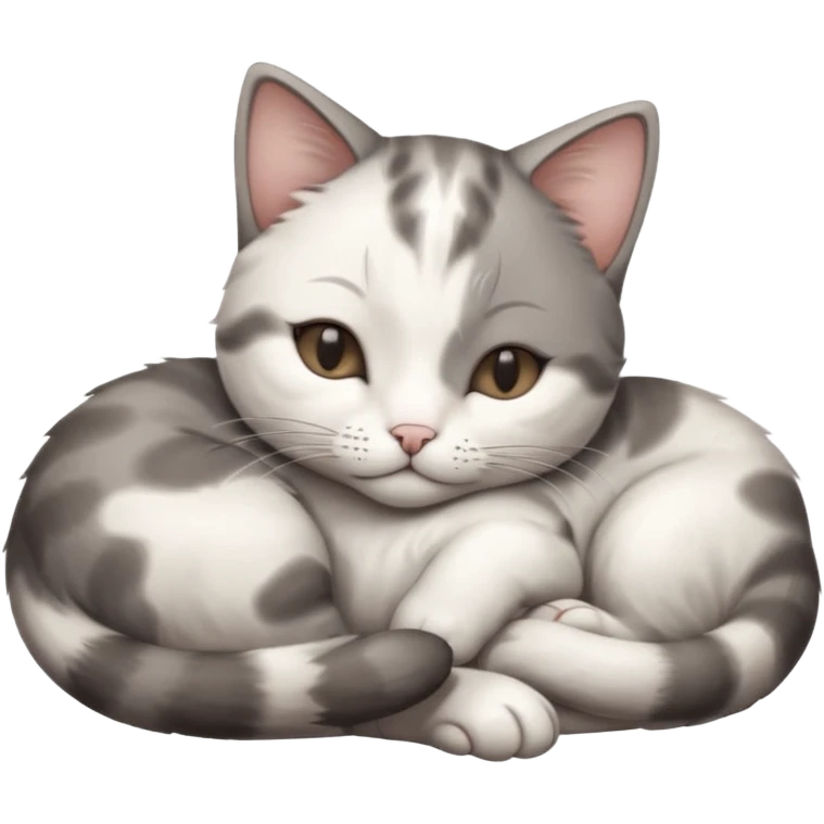 1 grey and white small cat with its eyes closed lying down leaning on its elbow with its paw curled under his head holding it up emoji