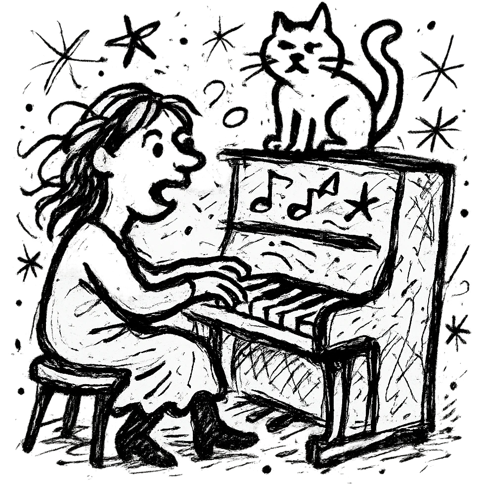 woman playing piano while her cat sits on top of the piano emoji