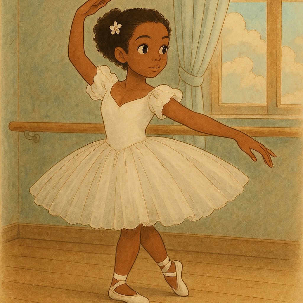 Make her a ballerina with dark skin and curly black hair in Ghibli style illustration. emoji