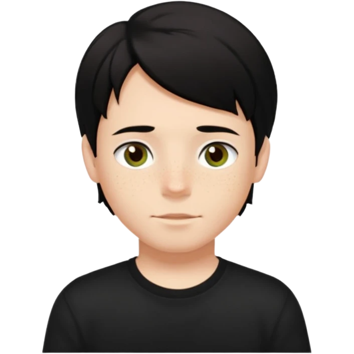 A boy with dark black hair and hazel green and brown eyes and white skin , with freckles and black t shirt with middle part hair hair with a center part haircut  emoji
