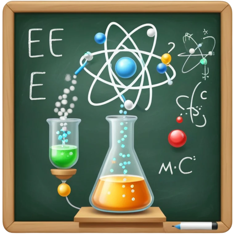 An icon featuring an atom model, a beaker with swirling particles, and a chalkboard with E=mc², symbolizing physics. The design includes a magnet, a pendulum, and a prism splitting light, representing the study of matter, energy, and natural laws. Transparent background  emoji